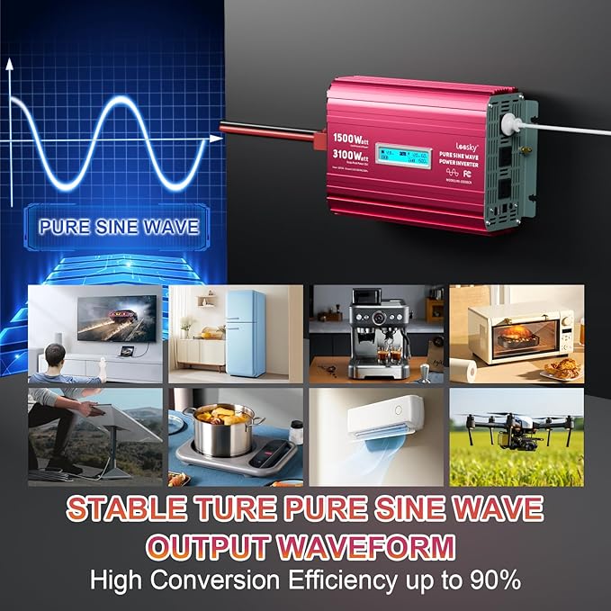 1500 Watt Pure Sine Wave Inverter 12V to 110V 120V AC 3100W Surge Peak Power for 2 Seconds Remote Control PD36W USB-C Compatible with Lithium Battery Starlink for Off-Grid Solar RV Car Home LEESKY
