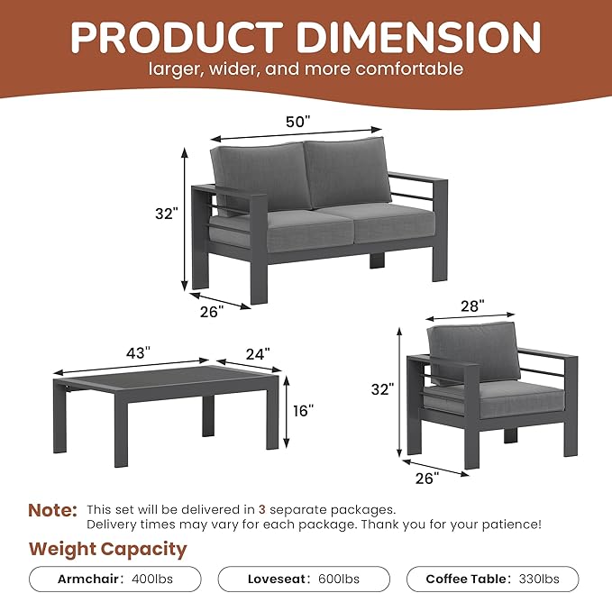 Solaste Outdoor Aluminum Furniture Set,4 Pieces Patio Sectional Chat Sofa Outdoor Conversation Set with Table,Dark Grey