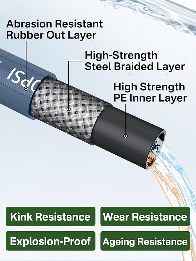 3/8" 4800PSI Pressure Washer Hose 150FT with Swivel Quick Connect for Cold/Hot Water Max 248°F, Kink Resistant Steel Wire Braided, Wear Resistant Power Washer Hose with M22 14mm Adapter