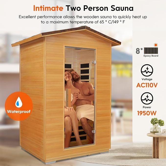 Outdoor Sauna 2 Person Far Infrared Saunas Dry Home Sauna Room Hemlock 1 to 2 Person Wood Sauna 1950W/110V Low EMF with Speaker, Reading Light, Cup Holder and Towel Rack - 47 * 39 * 82 in