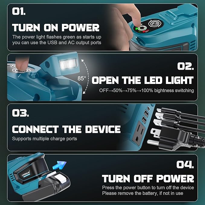 Real 200W Power Inverter Compatible With Makita, DC 18V to AC 110-120V Battery Inverter, LIVOWALNY Portable Power Station Generator, Charger Adapter Battery Powered with 2 USB & 1 Type-C & 1 AC Outlet