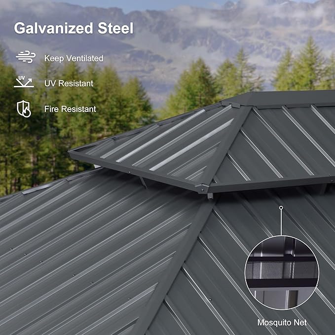 PURPLE LEAF 13' X 17' Hardtop Gazebo Aluminum Gazebo with Galvanized Steel Double Roof for Patio Lawn and Garden, Curtains and Netting Included Grey