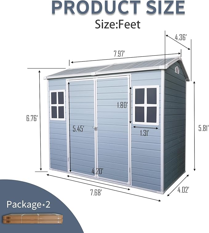 8x4ft Outdoor Storage Shed with Two-Window and Lockable Door, Resin Plastic Shed with Floor for Gargen, Patio, Yard, Lawn, Light Grey