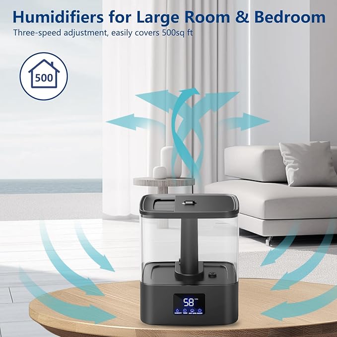 KZF 4L Top Fill Humidifiers for Bedroom & 60H Runtime - Cool Mist Humidifier, 3 Mist Levels, 8H Timer, Essential Oil Tray, Humidity Display, Quiet for Bedroom, Baby, Plants, Large Room
