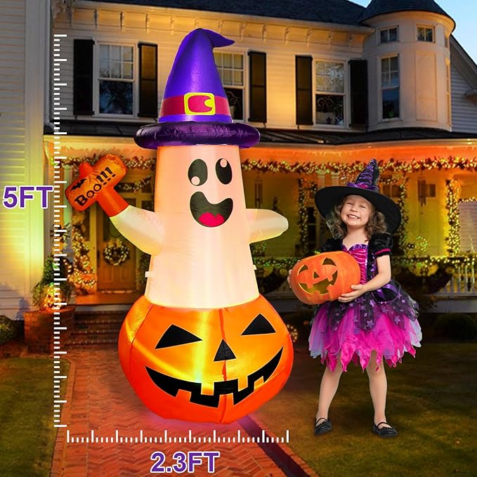 5FT Halloween Inflatables Decorations Outdoor Pumpkin Ghost with Multi-Color Flashing Build-in LED Blow Up Yard Decor Inflatables Clearance for Halloween Party Indoor Outdoor Yard Garden Lawn