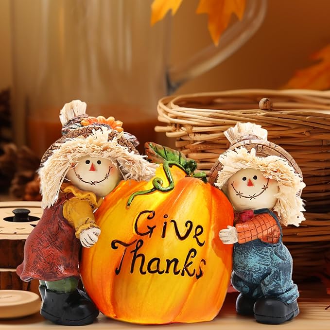 Hodao Fall Thanksgiving Resin Scarecrow Pumpkin Figurines - Adorable Scarecrow Embrace Pumpkin Decorations for Home Indoor Table Decor-Fall Thanksgiving Gifts