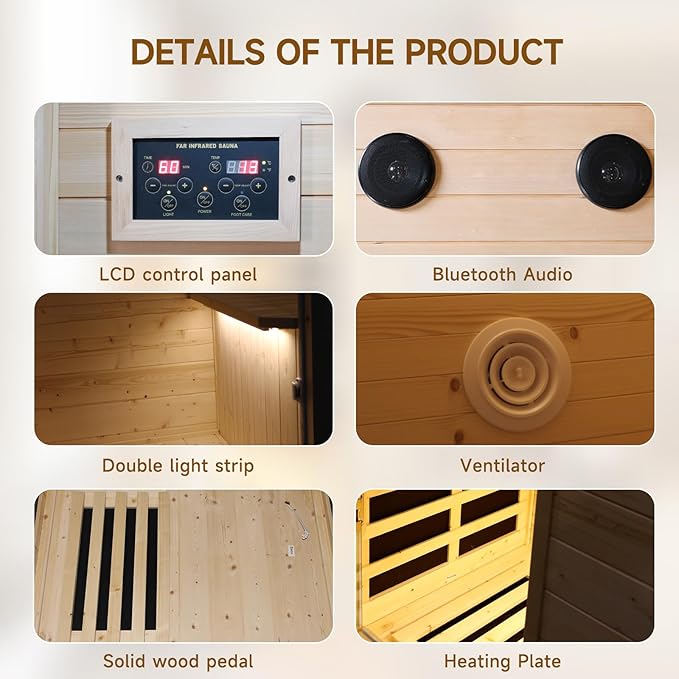 Far Infrared Sauna 1 Person Sauna Room Home Spruce Wood Indoor Saunas 900W/110V Low EMF Dry Sauna 5 Energy Saving Heating Panels, Built-in Control Panel, Speakers, Reading Lights and Circulation Vents