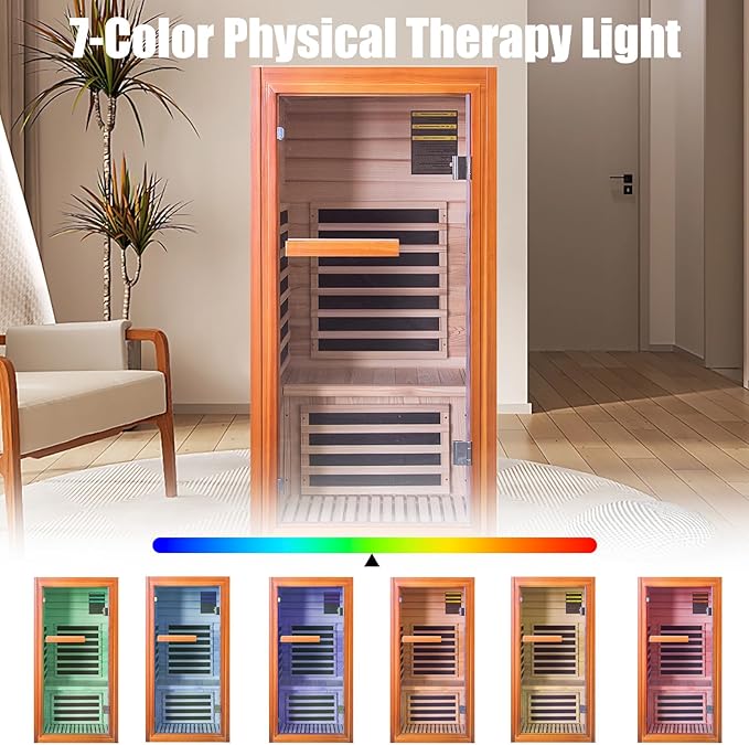 Far Infrared Sauna for Home 1 Person Indoor Wood Sauna Personal Spa Room 120V with Red Light Bluetooth Speakers 31.5"x31.5"x63"