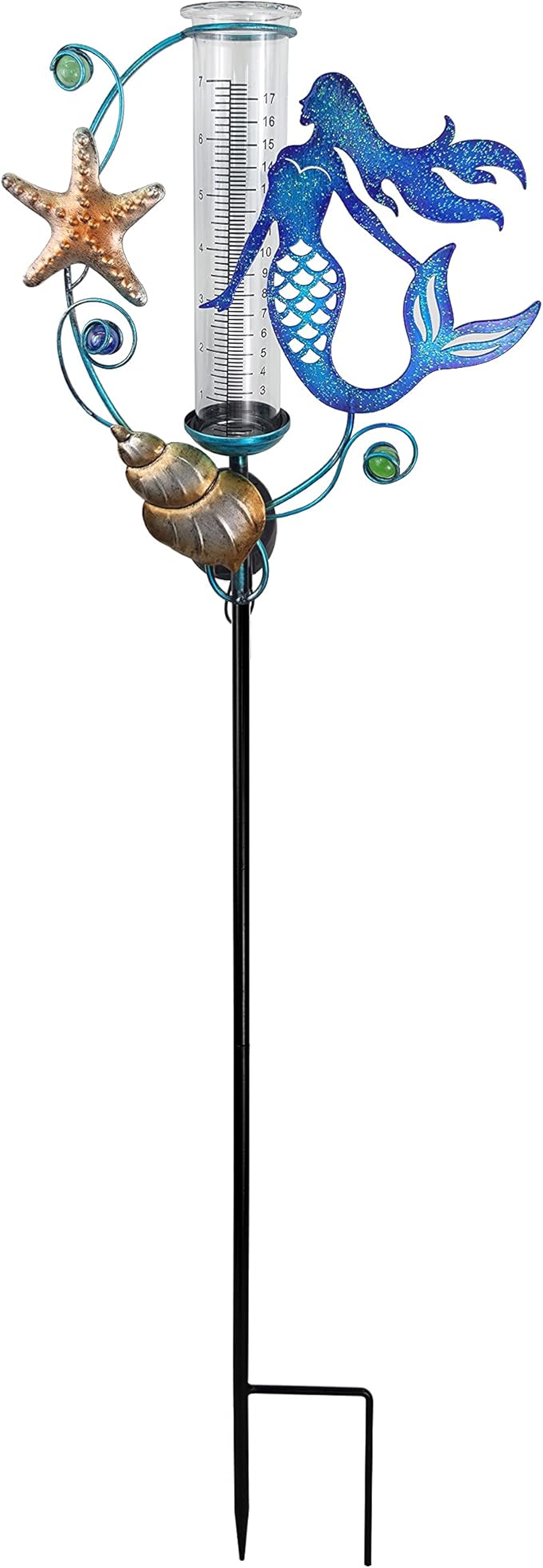 JOYbee Mermaid Solar Powered Rain Gauge Garden Stake,Metal Mermaid Stake with Replacement 7" Capacity Glass Tube, LED Lights Glass Tube (Solar Rain Gauge),Decoration for Yard Lawn Outside