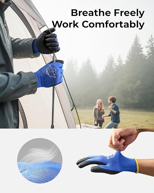 OKIAAS Work Gloves for Men，Ultra Thin and Lightweight Working Gloves with Grip, 12 Pairs Bulk Pack Construction Gloves with Polyurethane Coating for Light Duty Work (Black, X-Large)