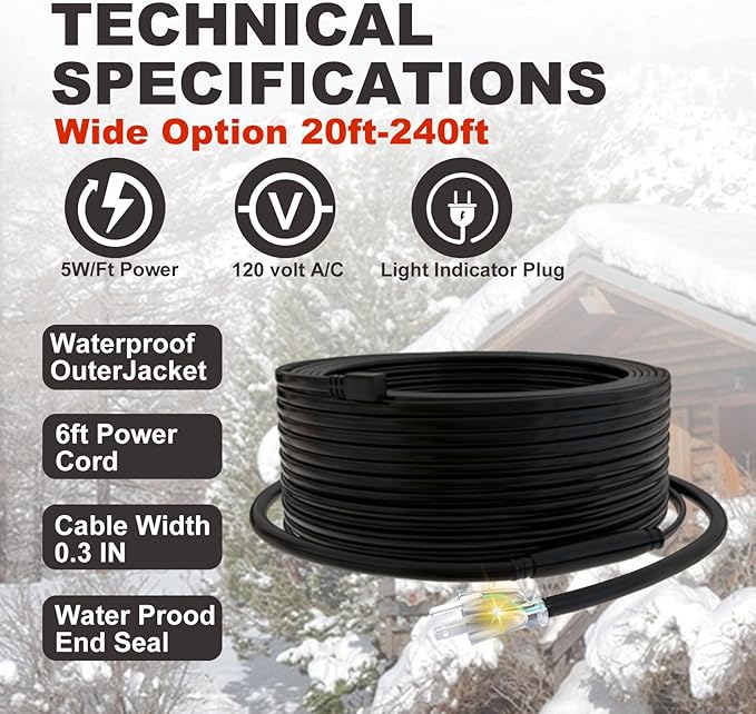 TDRD 100 feet Roof & Gutter Snow De-Icing Kit, 5W/ft Heat Tape for Roof and Gutters Ice Dam Prevention with 6 ft Power Cold