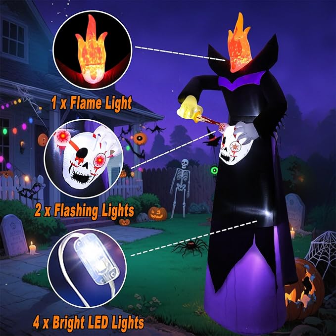 12FT Scary Halloween Inflatables Headless Killer Outdoor Decorations Grim Reaper Holding Skull Dig Out Eyeballs with Flame Light Giant Ghost Blow Up Yard Decoration for Party Garden Lawn Decor