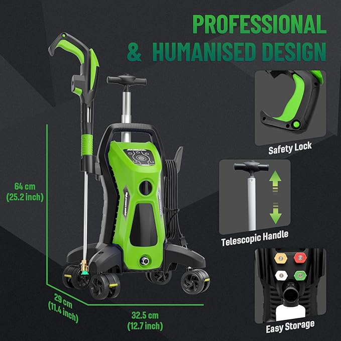 Pressure Washer 5000PSIIMAX Touch Screen Adjustable Pressure with Anti-Tipping Technolog, Spray Handle Smart Control, 5-Nozzle Set, for Cars//Home/Patios, Green