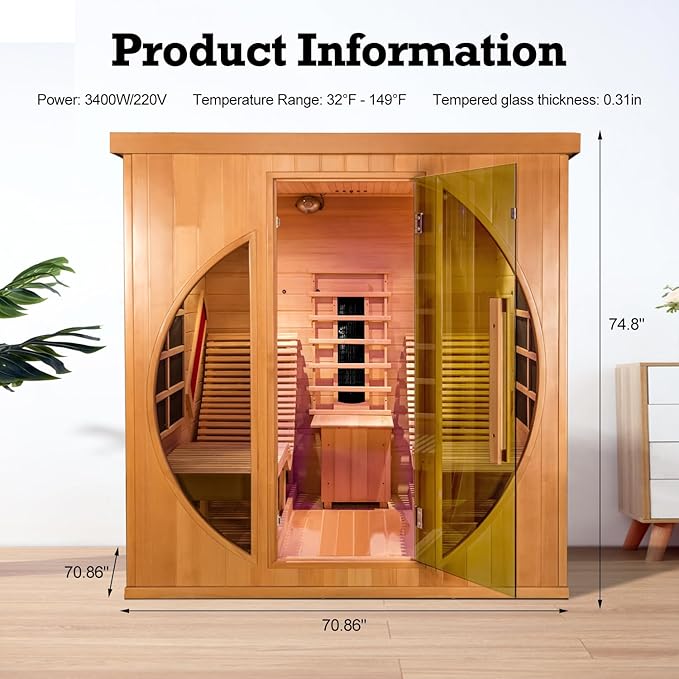 ZONEMEL Infrared 2 Person Wooden Sauna Room with Recliner, Canadian Red Cedar Luxury Indoor Sauna with 10 Heating Panels, Oxygen Bar, 3400 Watt, 220V, 8mm Tempered Glass