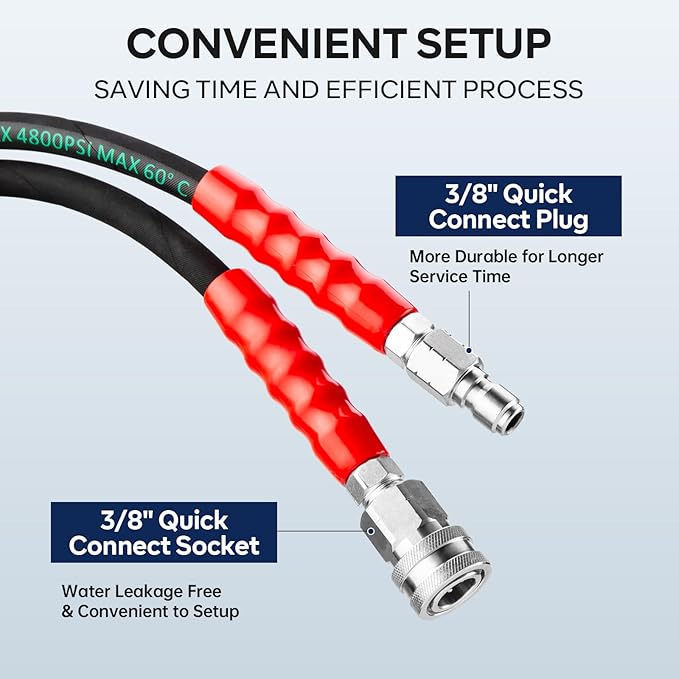 3/8" Pressure Washer Hose 50FT 4800PSI, with M22 14 mm to 3/8 Inch Quick Connect, Kink Resistant Industry Grade Steel Wire Braided Synthetic Rubber Jacket with 2 M22 14mm Adapter Set