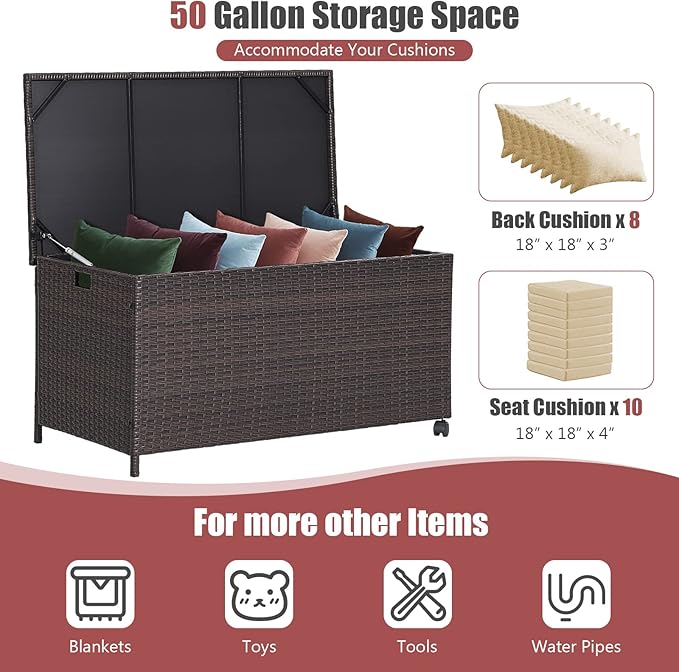Giantex Outdoor Wicker Storage Box - 50 Gallon PE Rattan Storage Container with Lid, Waterproof Liner, Universal Wheels, Deck Storage for Pillows, Cushions, Gardening Tools, Mix Brown