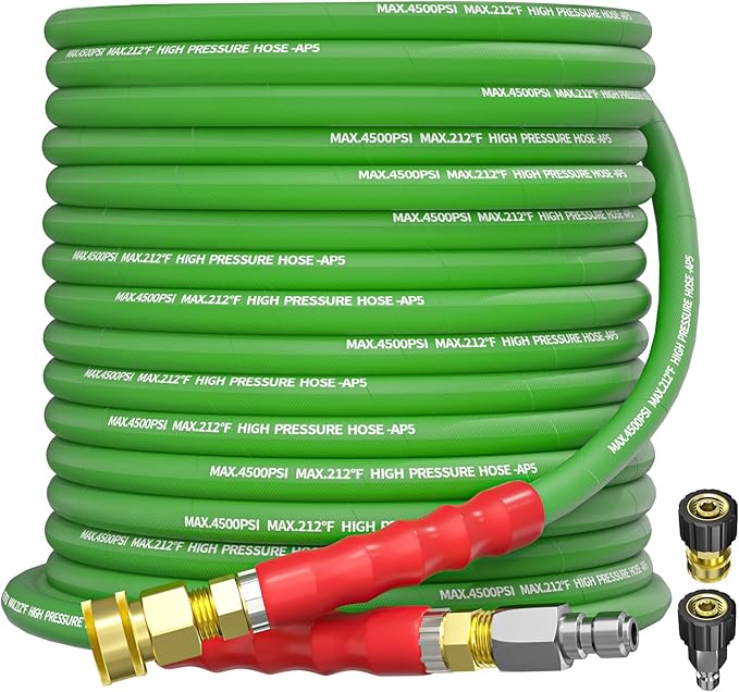 Pressure Washer Hose 50FT 3/8" for Cold and Hot Water 212°F, with Swivel Quick Connect, 4500PSI Kink Resistant Grade Steel Wire Braided, Power Washer Hose With 2pcs M22-14mm Adapter