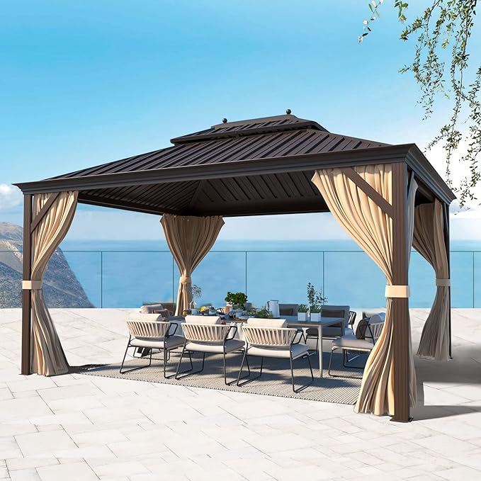 MELLCOM 10'x12' Hardtop Gazebo with Galvanized Steel Double Roof, Canopy Aluminum Frame, Curtains and Netting Included, Metal Outdoor Gazebos for Patios, Garden, Lawns, Parties