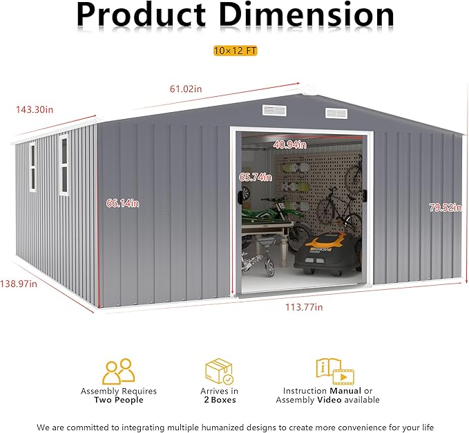 10×12 Ft Metal Shed Outdoor Storage with Two Daylight Windows, 0.25mm Galvanized Steel Metal Garden Shed Waterproof with Lockable Door for Backyard, Patio, Garden，Light Grey