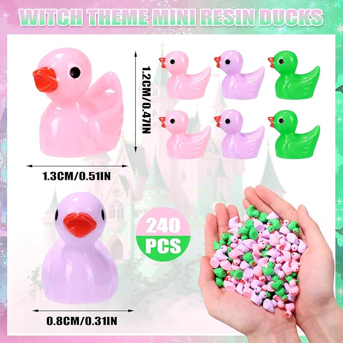 240 Pcs Witch Theme Mini Resin Ducks Miniature Green and Pink Tiny Small Duck Figurines Bulk for Birthday Party Favor Gift DIY Craft Dollhouse Garden Decor