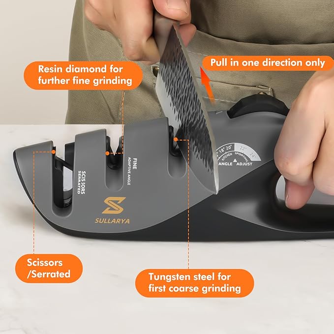 2-in-1 Knife Sharpener Kit with 5 Adjustable Angles Sharpener & Leather Strop – Complete Sharpening System for Kitchen, Pocket, Serrated Knives, Scissors (Sharpen + Polish to Pro Edge)
