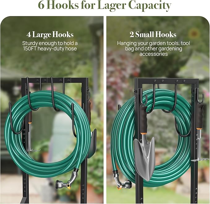 Garden Hose Holder Water Hose Holder with 4 Spikes, Freestanding Hose Hanger Outdoor Hold Stand Heavy Duty 6 Hooks Metal Garden Hose Storage Hose Reel Rack for Outside (Black)