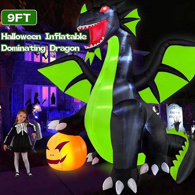 Danxilu 9FT Halloween Inflatable Outdoor Decoration Blow Up Dominating Green Dragon with Pumpkin Built-in LED Lights Spooky Blowups Yard Decor for Halloween Fun Holiday Party Garden Lawn Decor
