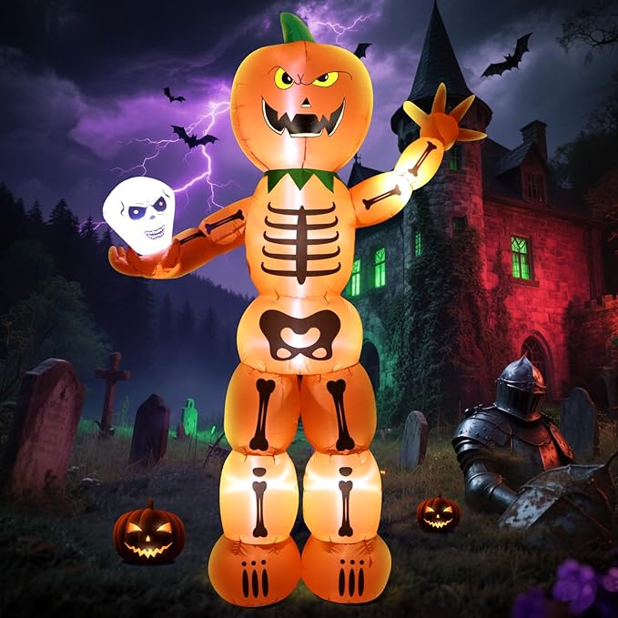DomKom Halloween Inflatable Blow Up Decorations, 8FT Giant Skeleton Stacked Pumpkin Man Holding Skull, Built-in LEDs for Holiday Party, Garden, Lawn, Yard, Patio Décor