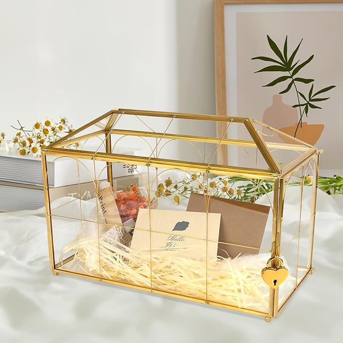 Wedding Glass Cards Box with Slot - 10.26 x 5.91 x 7.99 inch, Envelope Card for Birthday Party Reception Box, Home Tabletop Decor Clear Black Terrarium with Lock Glass Terrarium