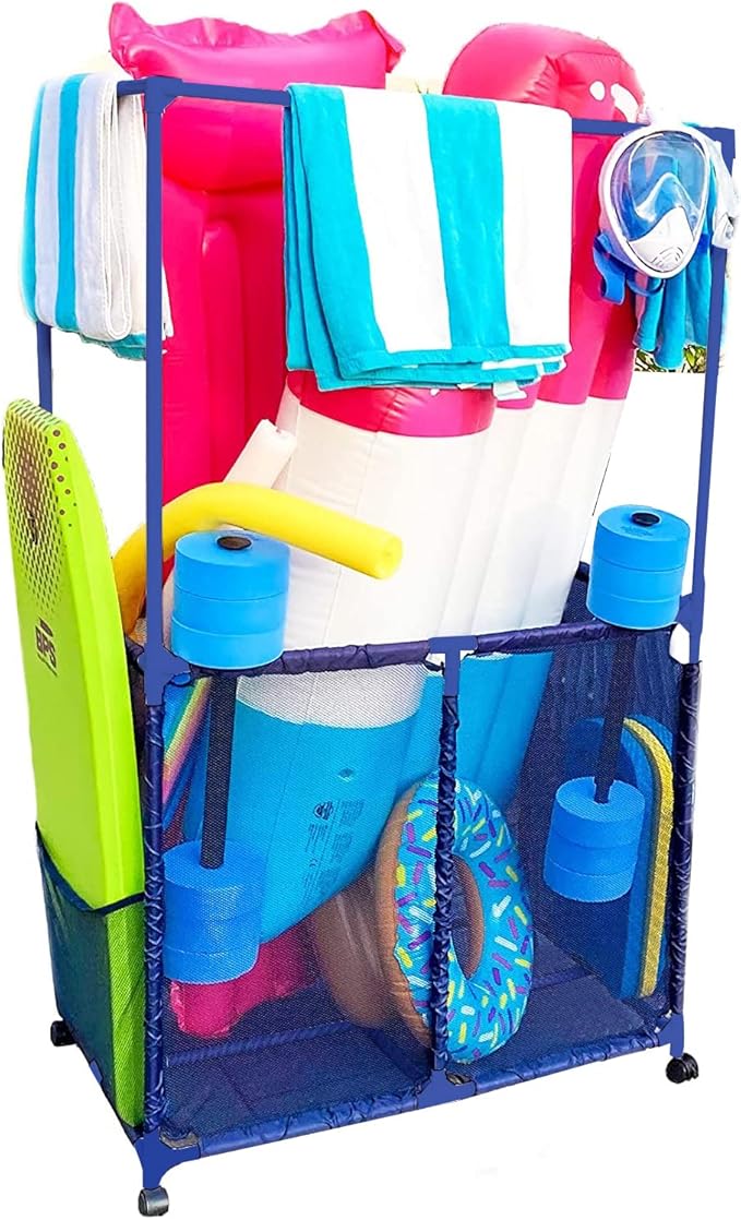 Essentially Yours Pool Equipment Holder with Towel Drying Bars, Mesh Rolling Pool Storage Organizer Bin, Extra Large with Towel Hanger, (34.5" W x 25" L x 62.6" H), Blue Style 418566