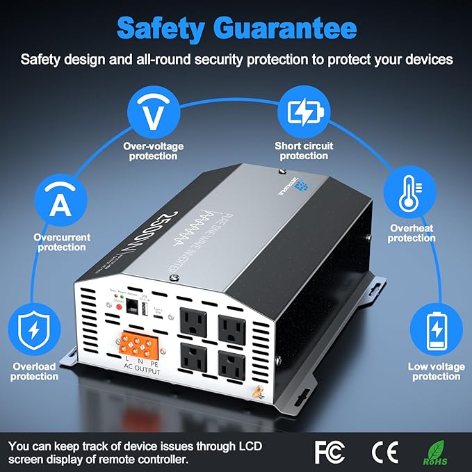 48V 2500 Watt Pure Sine Wave Inverter - 48V DC to 110V 120V AC Converter,5000W Peak Power Inverter with 4 AC Outlets,USB Port,Type-C,Remote Control LCD Display for Truck, RV, Vehicles, Solar Off-Grid