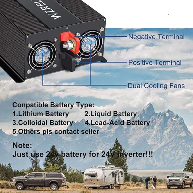 WZRELB Pure Sine Wave Inverter 3000W 24VDC to 120VAC Solar Power Peak 6000W Converter Truck RV Home LCD Display, Black (LN300024)