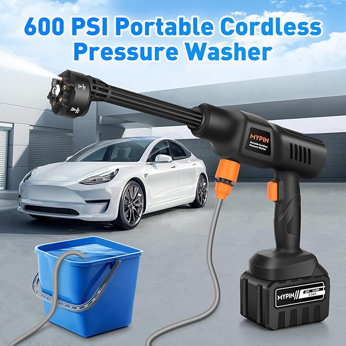 Portable Cordless Pressure Washer, 600 PSI 3.0Ah Rechargeable Battery Powered Pressure Washer, 6-in-1 Nozzle with Standard Nozzle for Car Floor Wall Fence Cleaning, Pet Cleaning