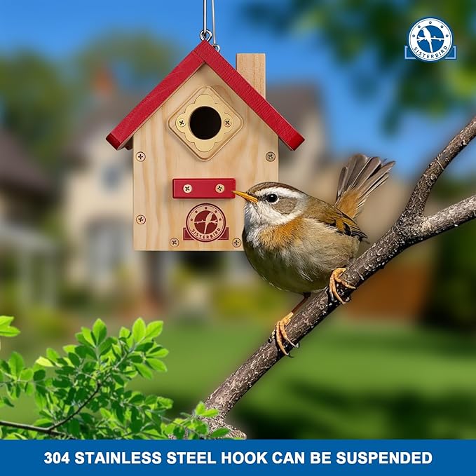 Wren Bird House, Premium Wooden Bird Houses for Outside, Classic Cabin Design Birdhouses for Outdoors, Hanging Bird House, Red-Breasted Nuthatch Wren Chickadee