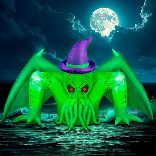 7FT Halloween Inflatables Cthulhu Built-in Bright LED Lights, Halloween Decorations Outdoor Wear Witch Hat Inflatable Cthulhu Blow Up Yard Decoration Blow Ups for Outside Patio Lawn