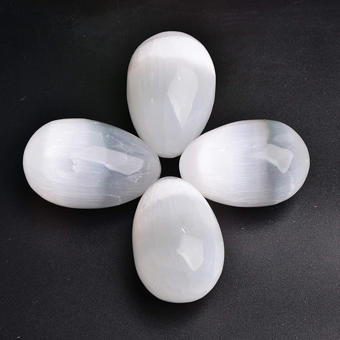 JIC Gem 4 pcs Selenite Egg-Shape Crystal Stone Large White Gemstone with Strong Healing & Calming Effects