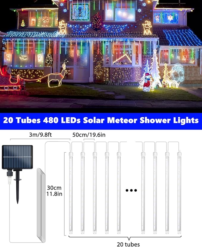 Flacchi Solar Meteor Shower Icicle Lights - 20 Tubes 480 LED Cascading Raindrop Lights, Outdoor Waterproof Christmas Decorations for Holiday Party(4 in 1 Multi-Colored, Solar 20 Tubes)
