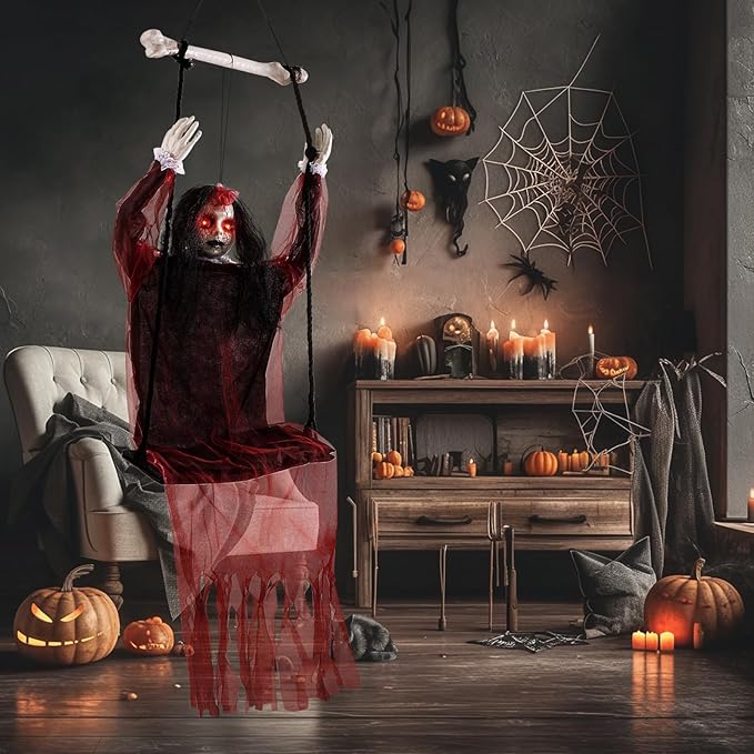 Halloween Decorations Outdoor, Scary Hanging Swinging Girl Props Sound & Slap Activated with Creepy Sound Expressions Light Up Eyes, Halloween Outside Ghosts for Haunted House Yard Lawn Decor