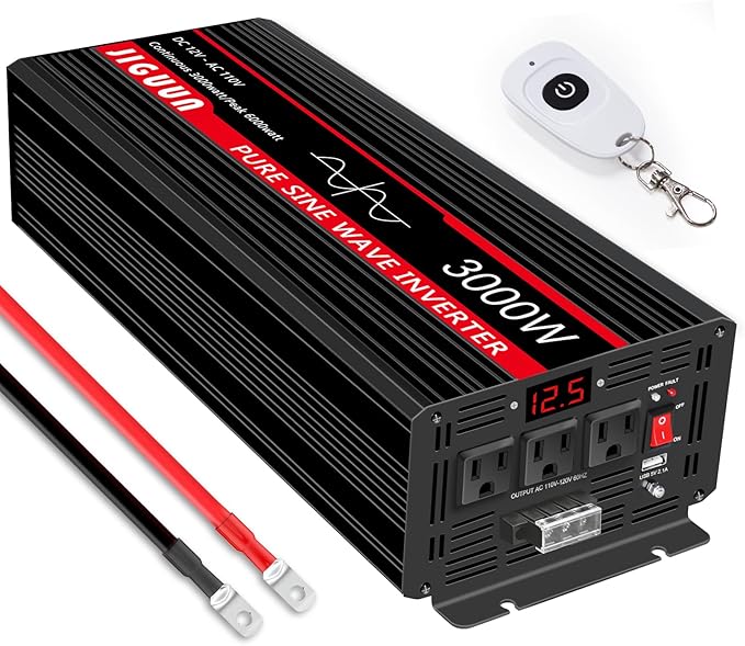 JIGUUN 3000 Watt Pure Sine Wave Inverter, Power Converter 12V DC to 110v/120v AC, Car Inverter with 4 AC Outlets& USB Port Remote Control for RV Camping Truck.