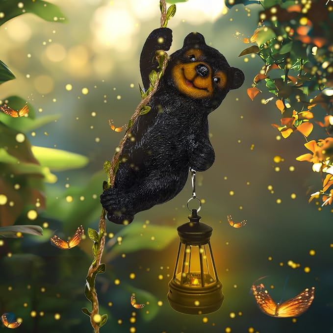 Solar Garden Decor Outdoor Statues-Resin Raccoon Climbing Vine & Squirrel Figurine with LED Light, Waterproof Hanging Animal Figurine with Hook for Patio, Yard, Home Decor Gift (Raccoon)