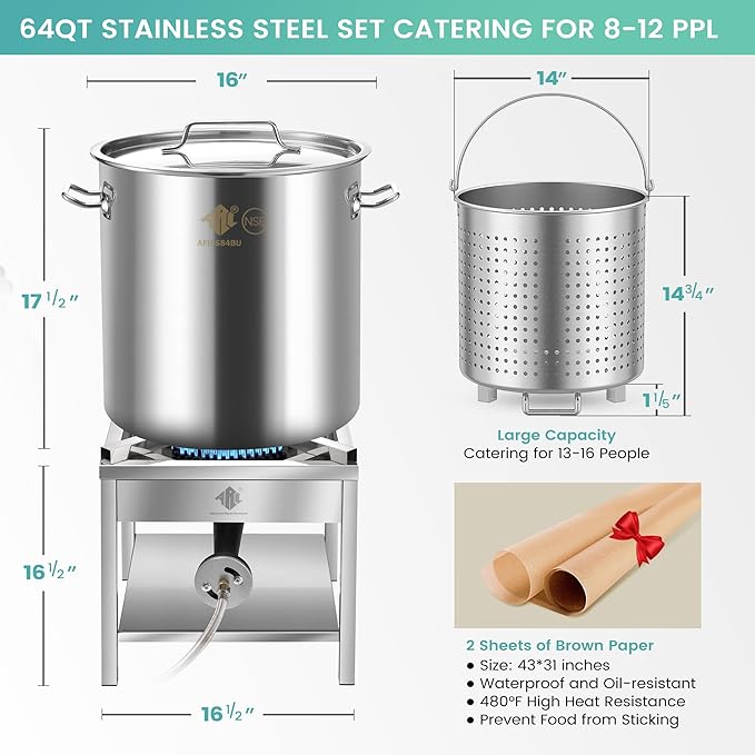 64QT Seafood Boil Pot w/200,000BTU Propane Burner Set, Stainless Steel Basket for Outdoor Deep Fryer, Large Cooking Pot for Turkey Fryer, Crawfish, Crab, Shrimp, Lobster Boiling Stock Pot