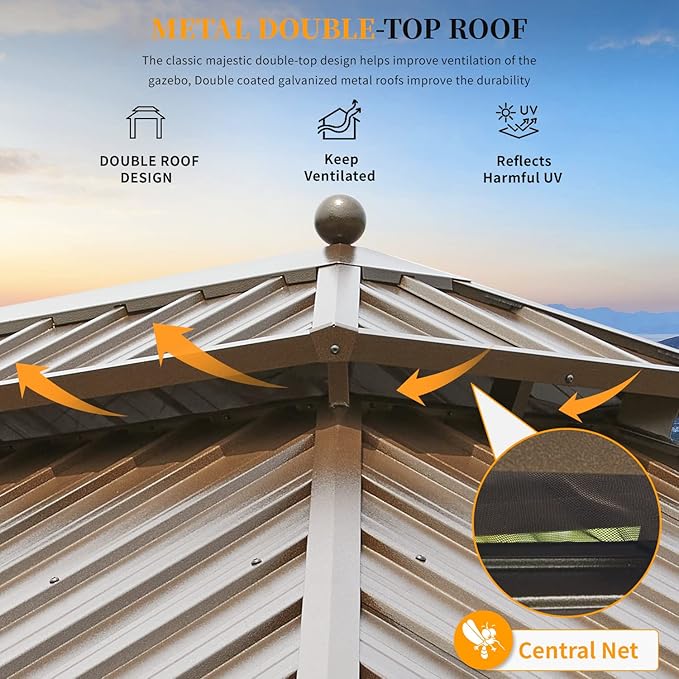 YOLENY 12'x16' Hardtop Gazebo with Galvanized Steel Double Roof, Pergolas Aluminum Frame, Netting and Curtains Included, Metal Outdoor Gazebos for Garden, Patios, Lawns, Parties