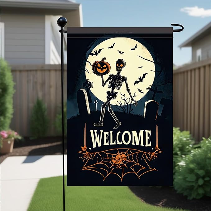 Halloween Garden Flag Skeleton Pumpkin Outdoor Yard Decoration Welcome Banner 12x18 Inch Double Sided Holiday Lawn House Vertical Seasonal Sign Skeleton with Pumpkin Small Yard Flag