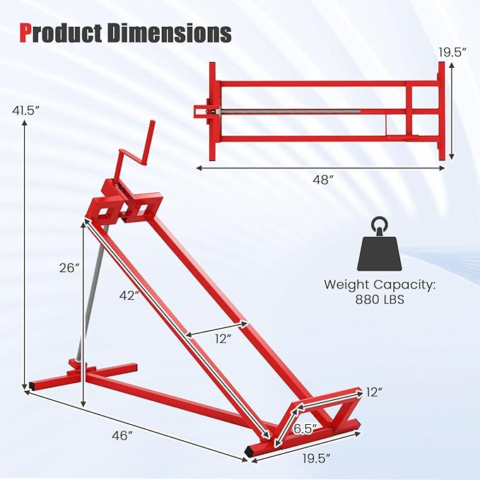 IRONMAX Riding Lawn Mower Lift, Folding Lawn Tractor Lift with Manual Handle, Adjustable Height & Angle, Telescopic Maintenance Jack, Heavy Duty Steel Lawnmower Jack, 880 LBS Weight Capacity (Red)