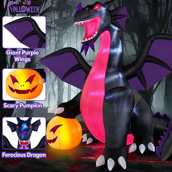 Danxilu 9FT Halloween Inflatable Dominating Dragon with Pumpkin Outdoor Decoration, Blow Up Yard Decoration with LED Lights Spooky for Halloween Fun Holiday Party Yard Garden Lawn Decor
