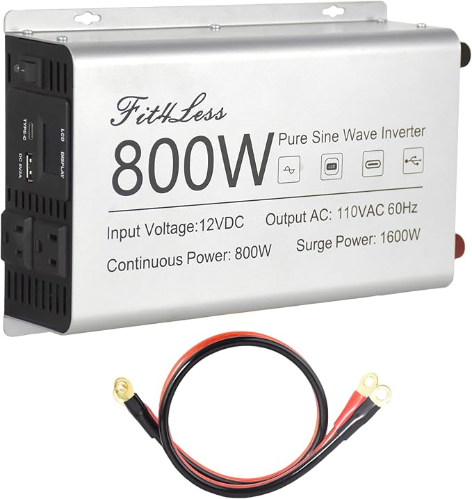 Pure sine Wave Inverter DC 12V Input and AC 110V Output with LCD Display, USB Output Port, Type-C Output Port(800W)