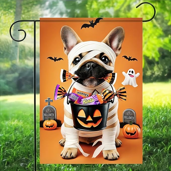Halloween Decorations Outdoor Garden Flag 12x18 Inch Double Sided French Bulldog Dog Pumpkin Ghost Fall Decor Yard Lawn Porch Patio Halloween Garden Flags