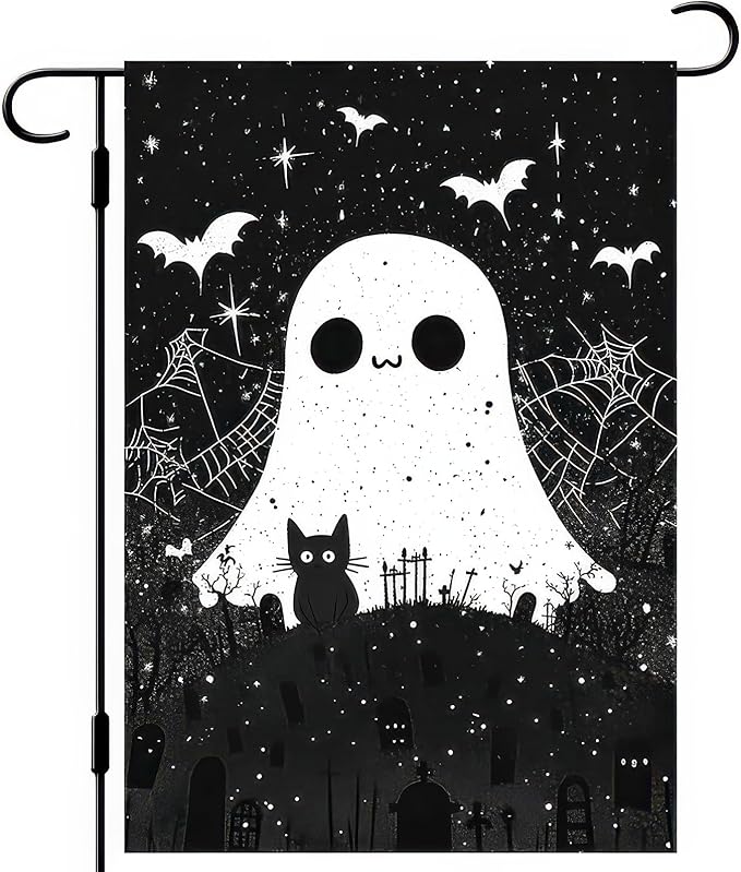 Scary Halloween Garden Flag 12x18 Inch Double Sided Cute Ghost Cat Flags Black White Graveyard Bat Spiderweb Banner Small Yard Flag for Halloween Outdoor Decoration