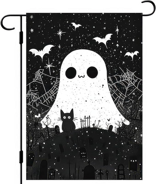 Scary Halloween Garden Flag 12x18 Inch Double Sided Cute Ghost Cat Flags Black White Graveyard Bat Spiderweb Banner Small Yard Flag for Halloween Outdoor Decoration