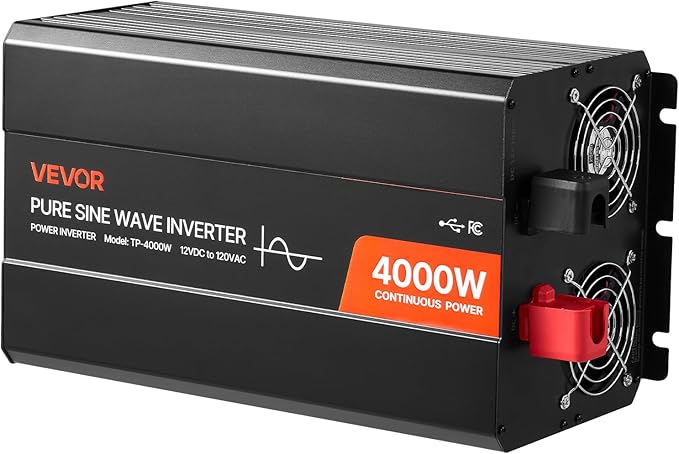 VEVOR 4000W Power Inverter, 12V DC to 120V AC Pure Sine Wave Inverter, Solar Car Charger Converter with LCD Display, Remote Control, 2 USB Ports, 4 AC Outlets, Type-C Port, for RV, Truck Outdoor